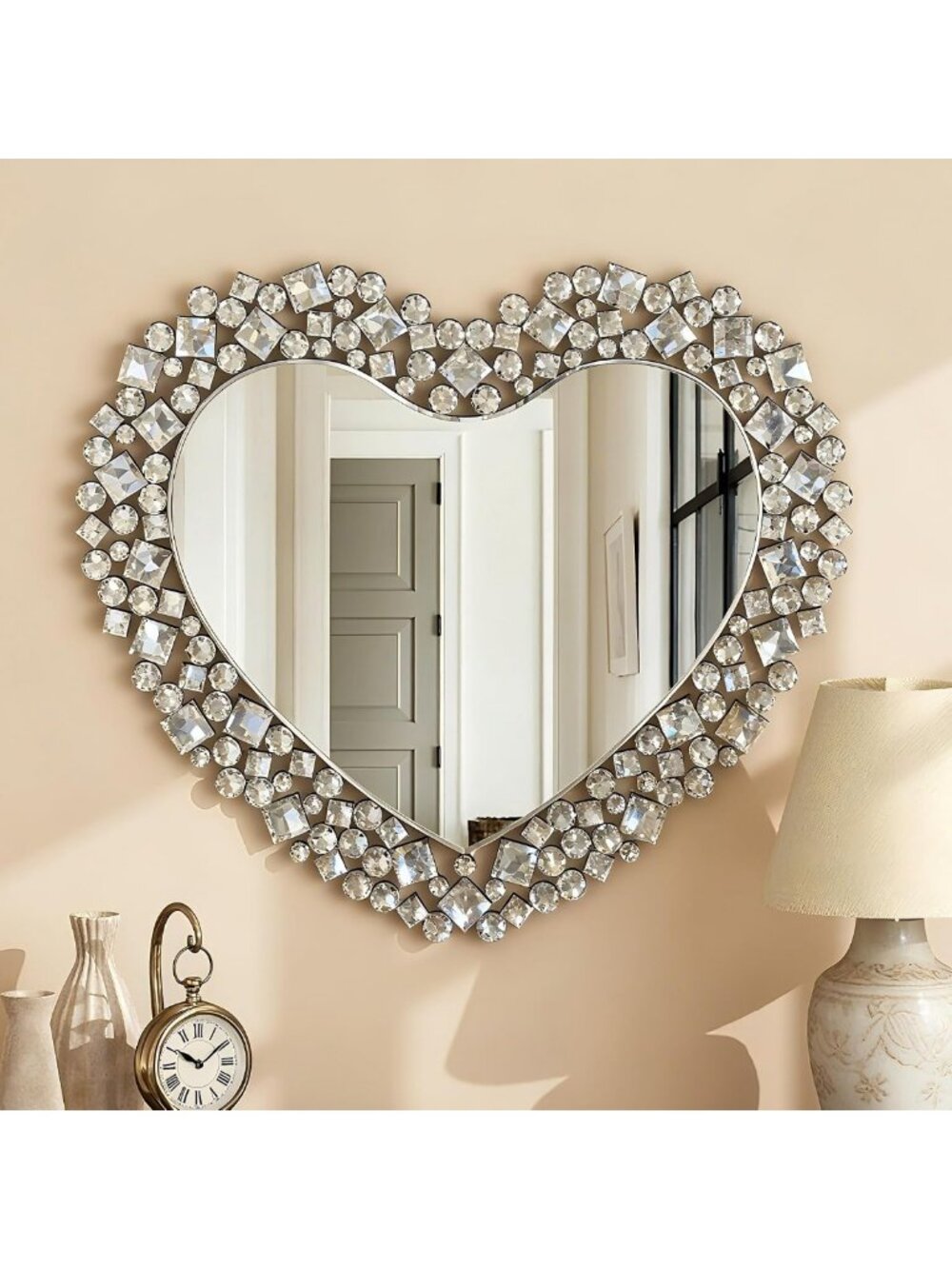 Elegant 28x31" Crystal Heart Wall Mirror - Decorative Round Accent for Home